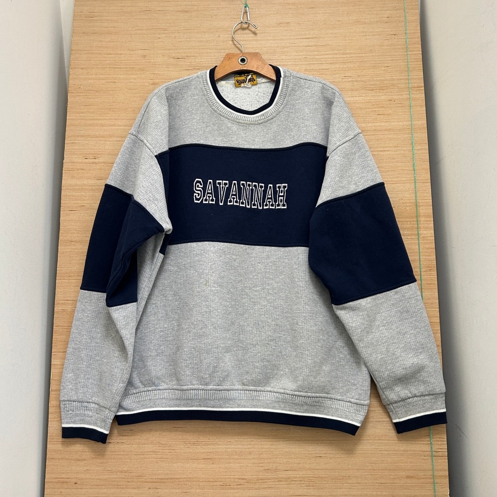 Renegade Club Savannah Embroidered Colorblock Sweatshirt Gray Navy Blue USA Made